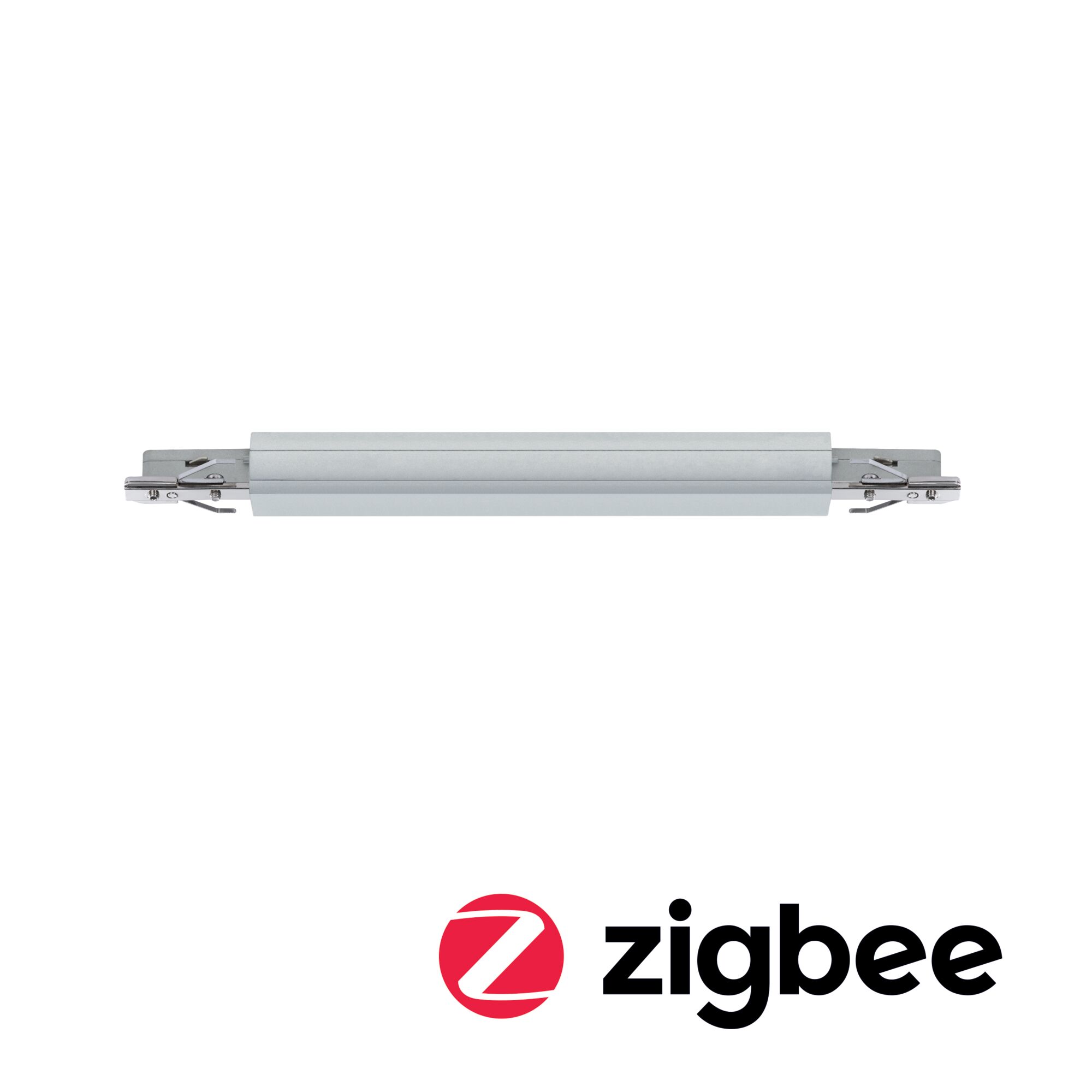 URail Schienenadapter Zigbee 3.0 Dimm/Switch 240x21mm max. 50W Chrom matt Längliches silbernes Aluminium-Gehäuse mit Metallbefestigungen und Zigbee-Logo für smarte Beleuchtung