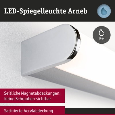 LED-Spiegelleuchte Arneb mit satinierter Acrylabdeckung und unsichtbaren Magnetabdeckungen in Chromoptik