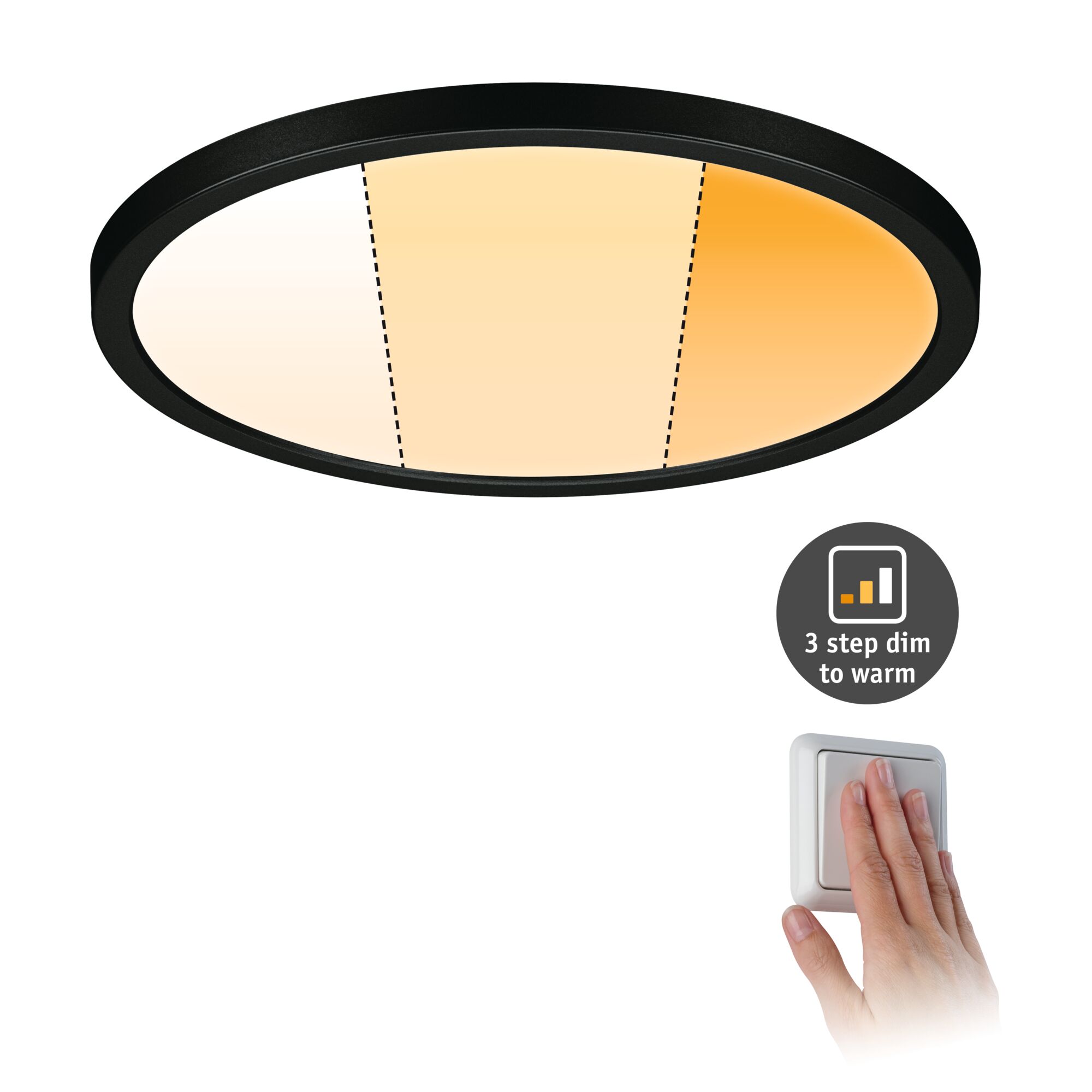 VariFit LED Recessed panel Dim to Warm Areo IP44 round 230mm 16W 1500lm 3 Step Dim to warm Black dimmable Round LED ceiling light with black frame and 3-step warm dimming for cozy home lighting.