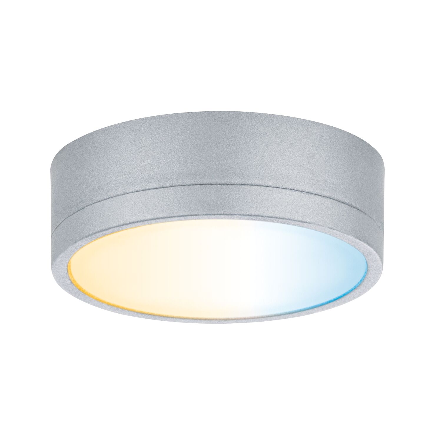 Round ceiling light in silver aluminum with warm and cool white light for living spaces