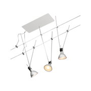 Three white LED cable spotlights with metal mounts and warm white light for modern room lighting