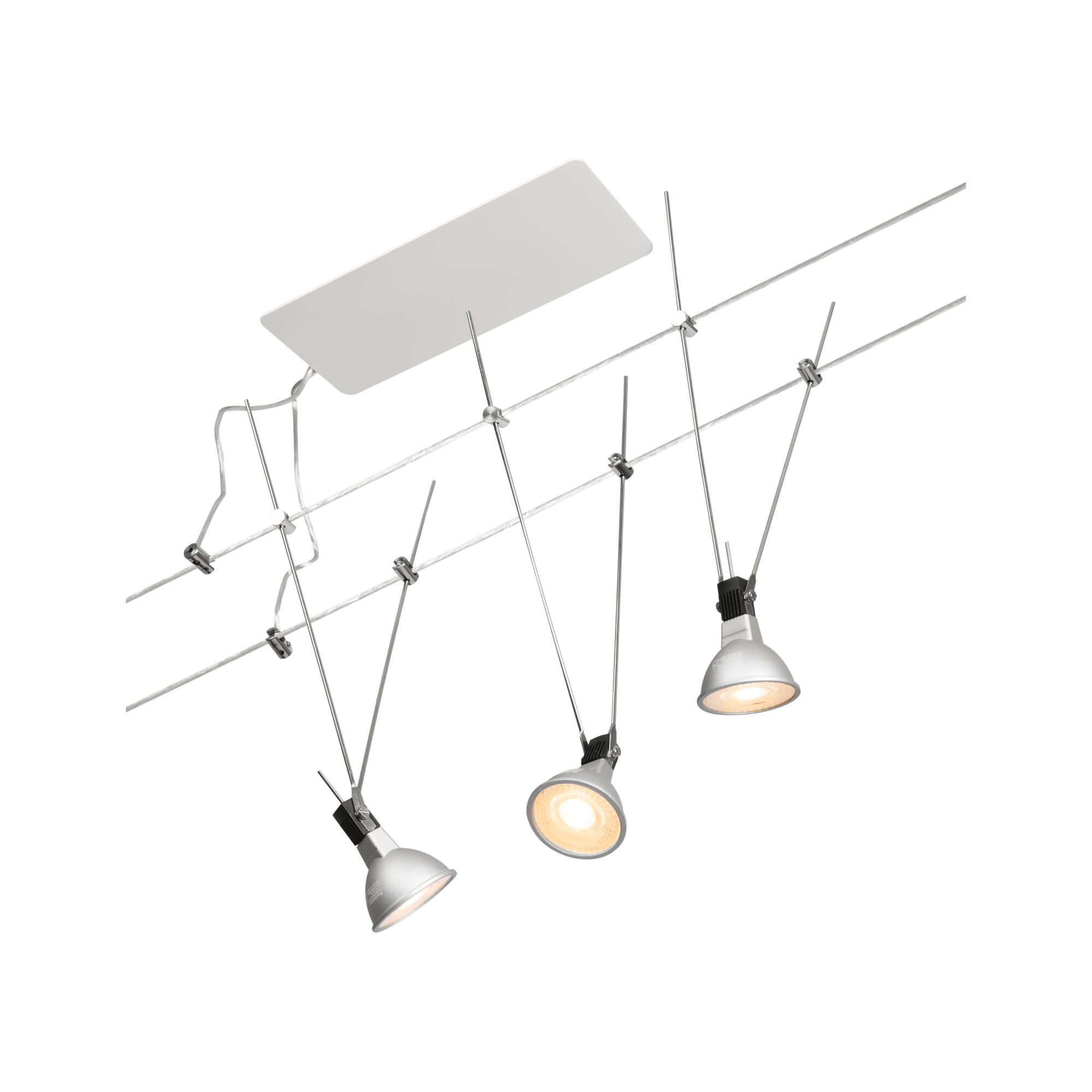 Three white LED cable spotlights with metal mounts and warm white light for modern room lighting