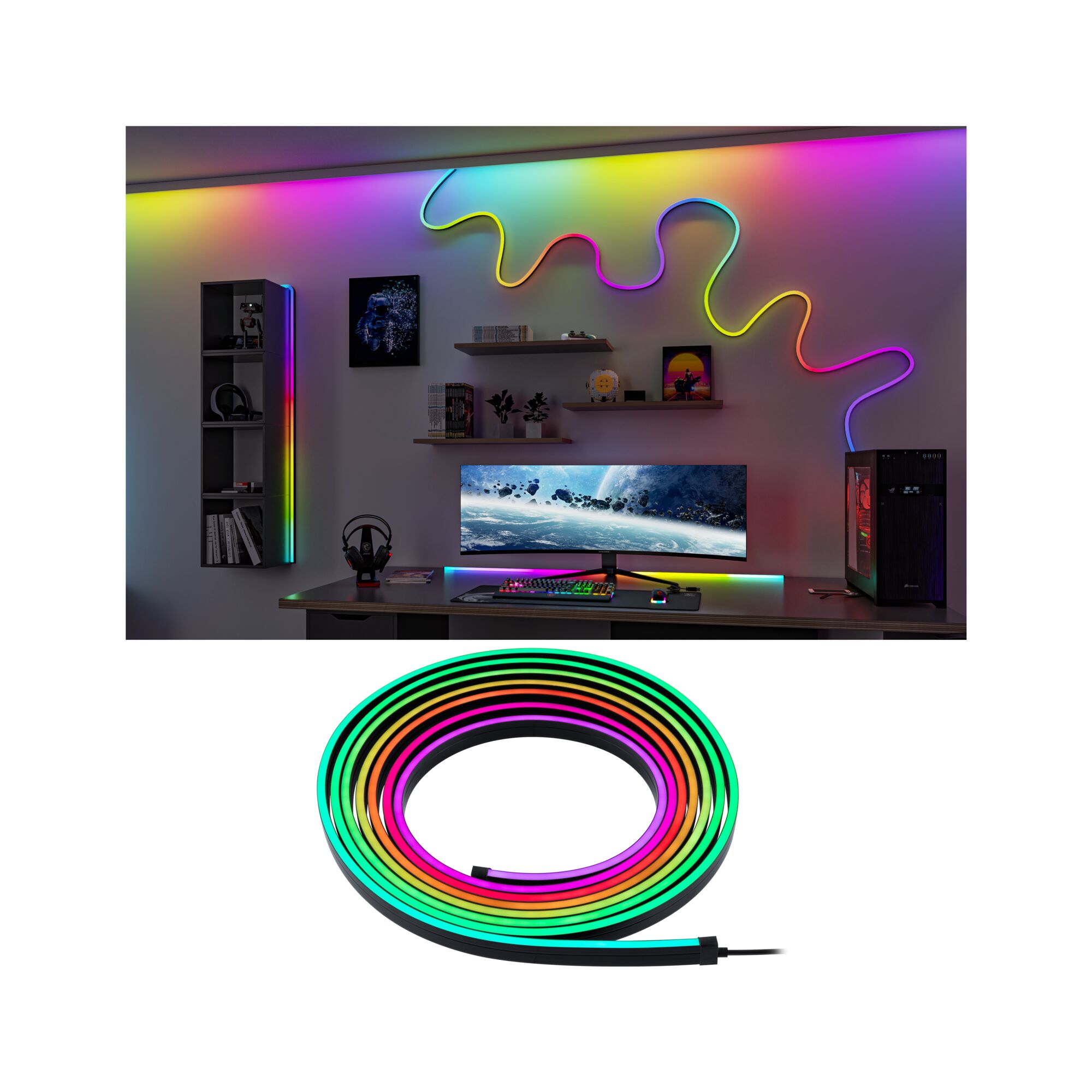 Buntes LED-Lichtband in Schwarz für Gaming-Setup mit flexibler RGB-Beleuchtung an Wand und Schreibtisch.