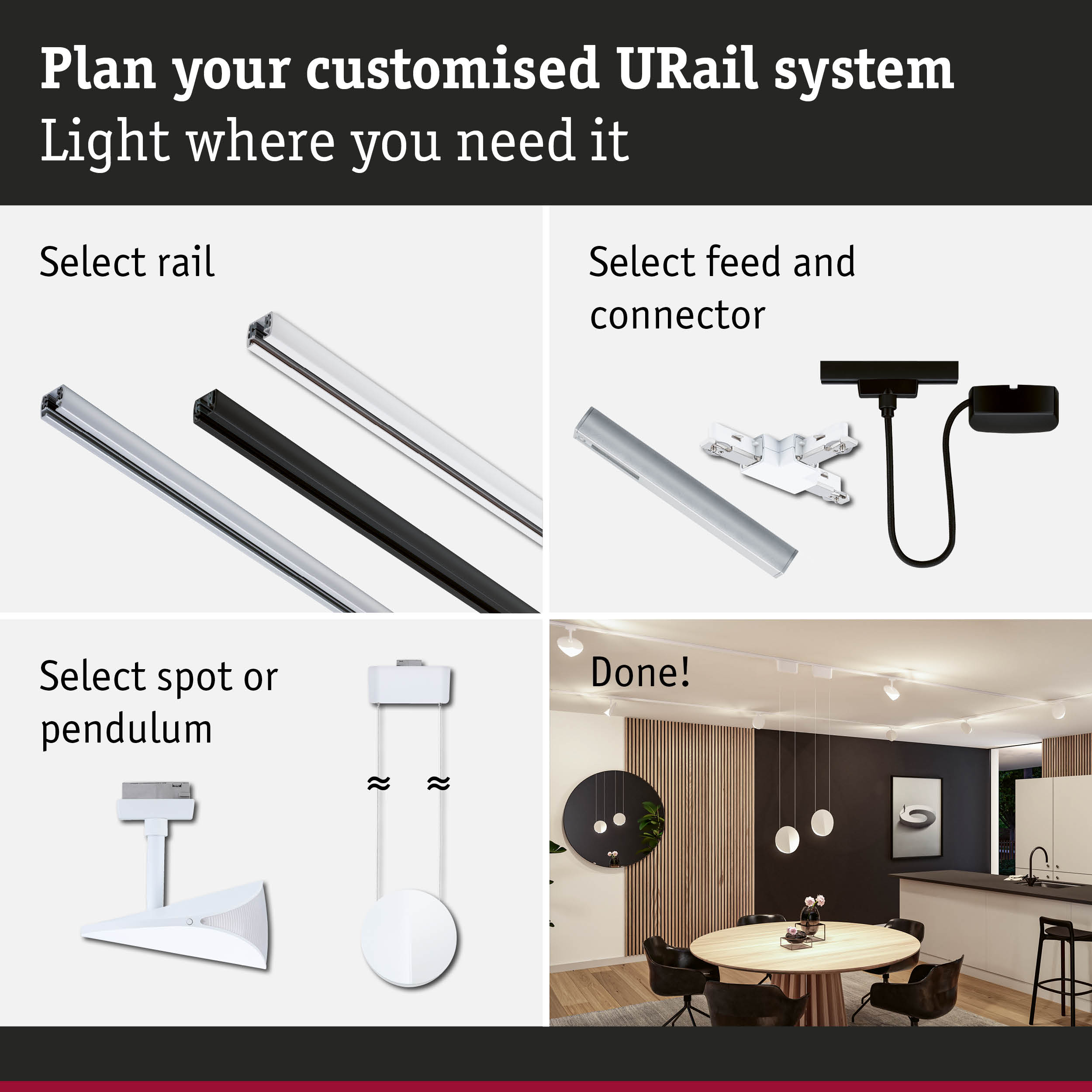 Modular URail track system with white and black rails, connectors, and pendant lights for customizable lighting