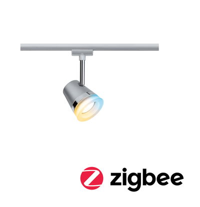Moderner silberner LED-Strahler aus Metall mit Farbwechsellicht und Zigbee-Funktion für smarte Beleuchtung
