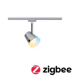 Projecteur LED moderne en métal argenté avec lumière changeante et contrôle d’éclairage Zigbee
