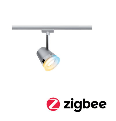 Projecteur LED moderne en métal argenté avec lumière changeante et contrôle d’éclairage Zigbee