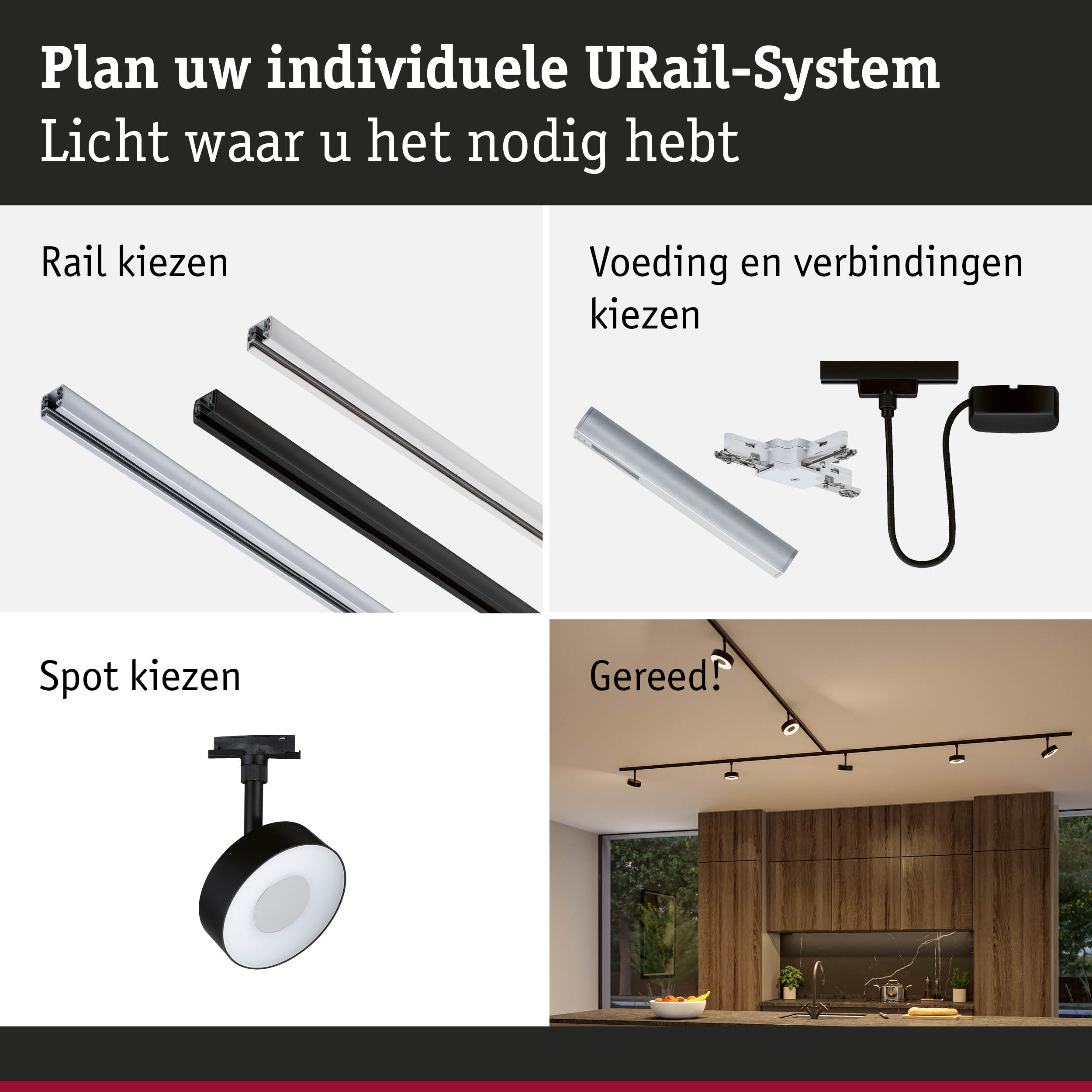 Modulair URail-systeem met zwarte en witte rails en LED-spots voor flexibele verlichting
