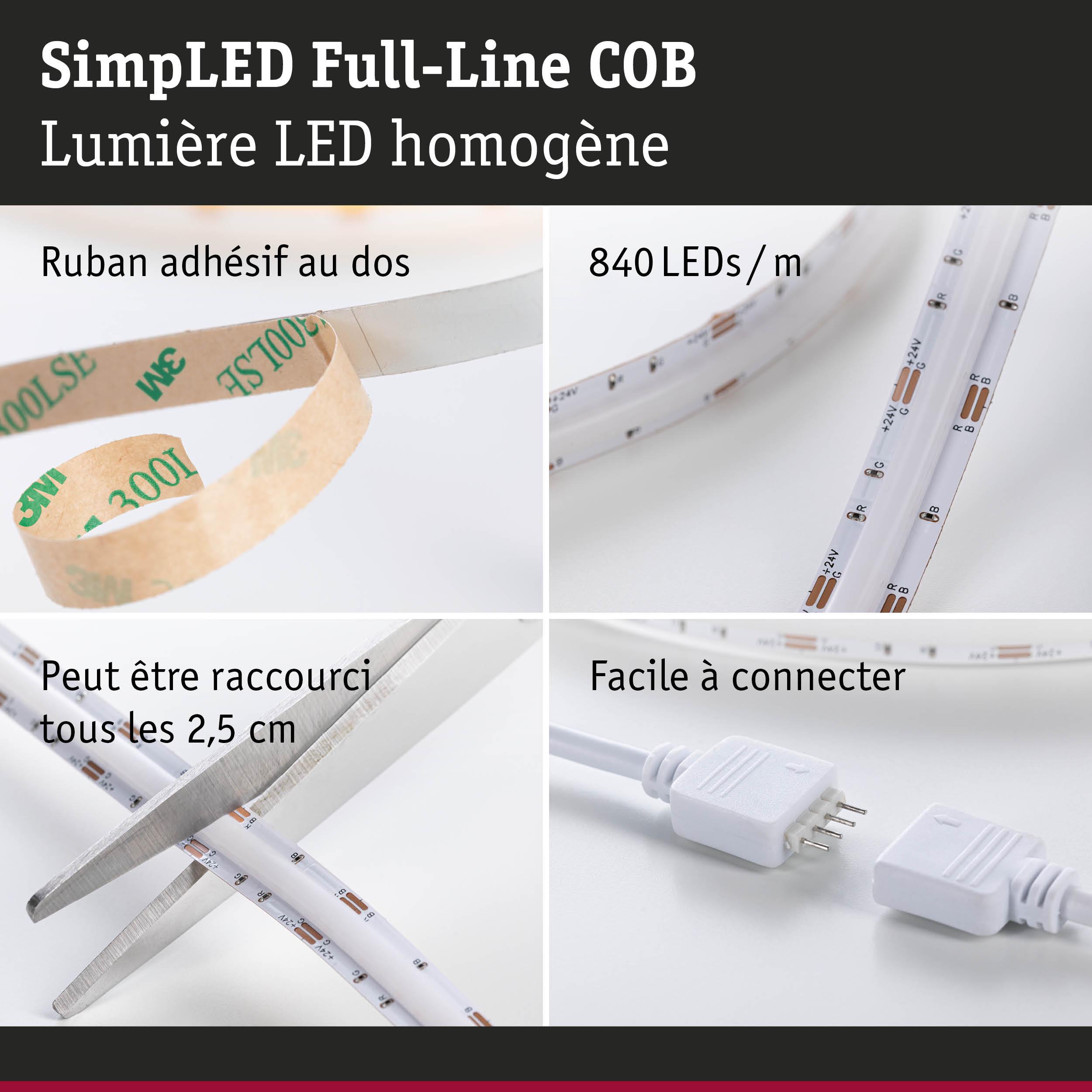Bande LED avec 840 LEDs/m, ruban adhésif, peut être coupée tous les 2,5 cm, facile à connecter