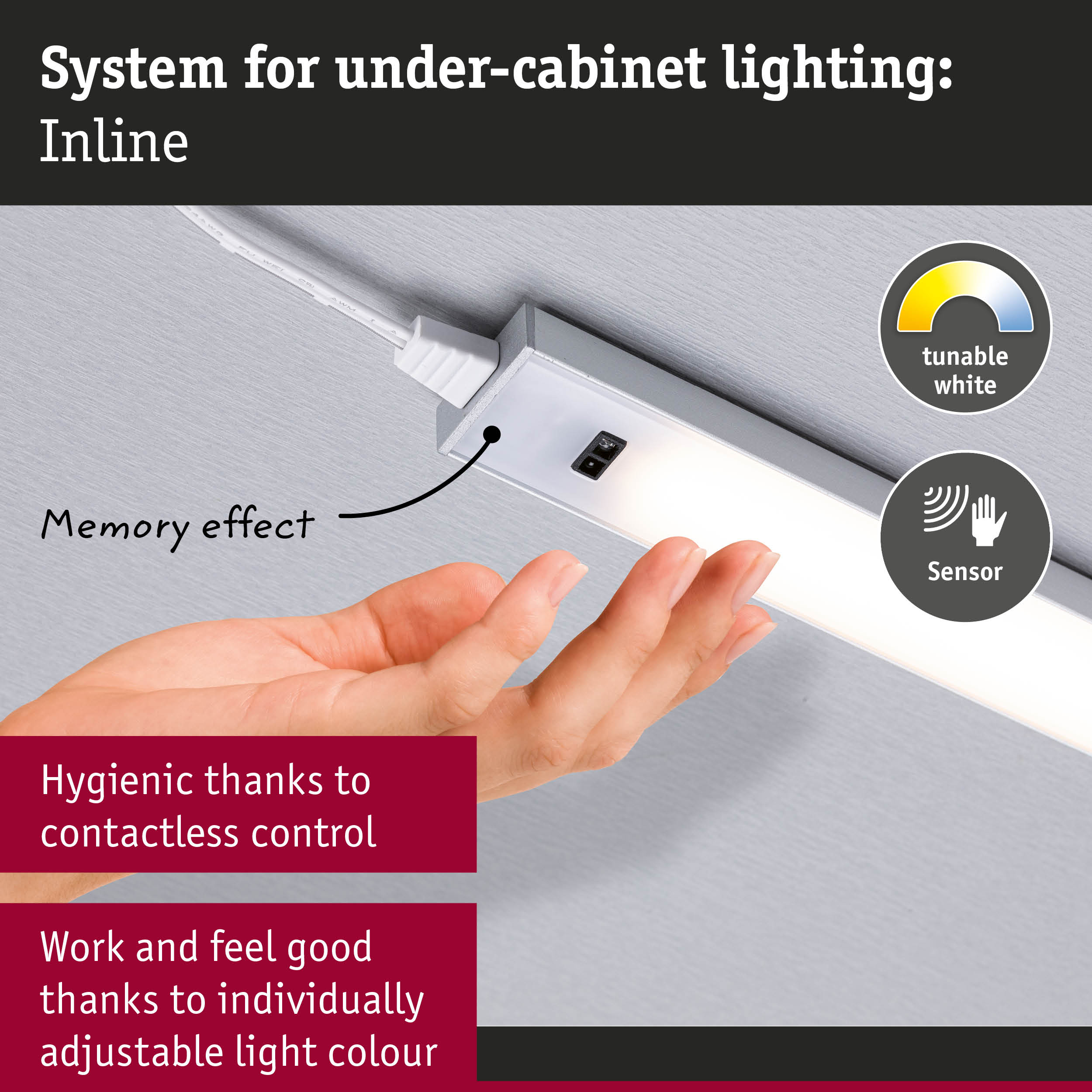 Inline under-cabinet light with contactless sensor and tunable white for adjustable kitchen lighting