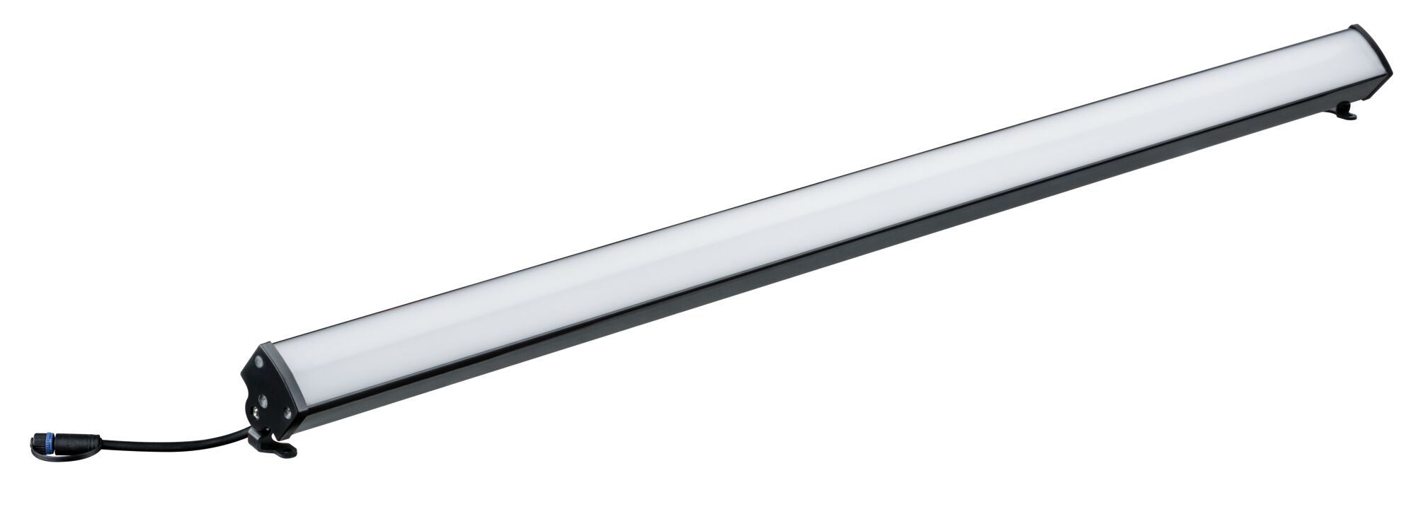 Zwarte LED-lichtbalk met lange witte diffuser en kabelconnector voor moderne binnenverlichting