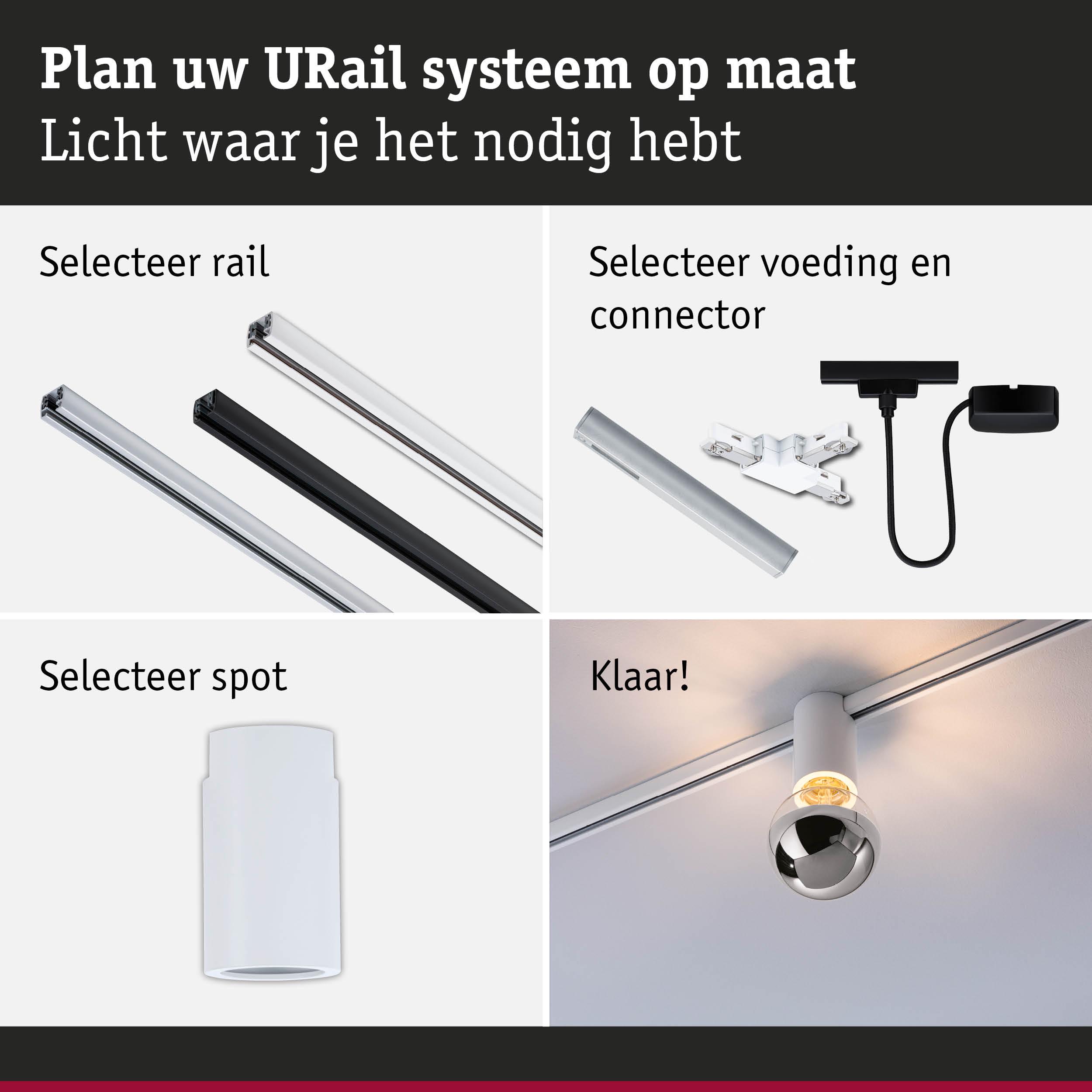 Modulair URail railsysteem met rails, connectoren en spots voor flexibele LED-verlichting