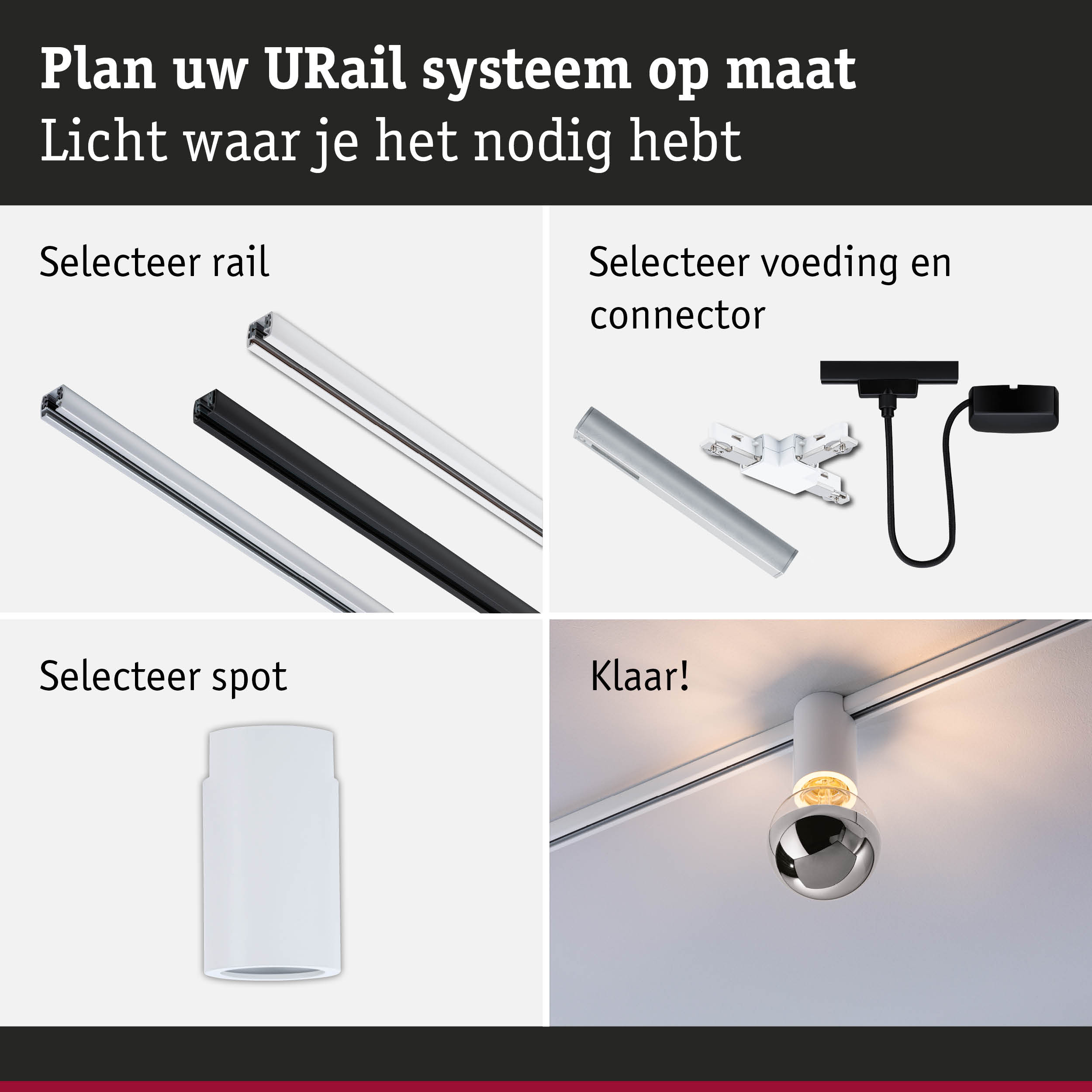 Modulair URail railsysteem met witte en zwarte rails, connectoren en spots voor flexibele verlichting