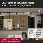 Moderne zwarte URail Spots en Pendulum Hildor plafondlampen in keuken met houten panelen
