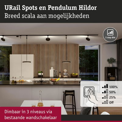 Moderne keuken met zwarte URail Spots en Pendulum Hildor, dimbaar in 3 niveaus via wandschakelaar