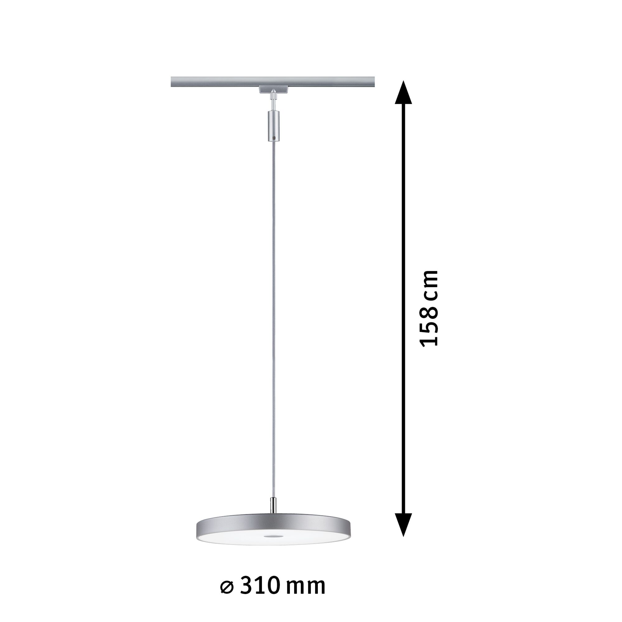 Runde LED-Pendelleuchte aus Aluminium in Silber mit 31 cm Durchmesser und 158 cm Länge