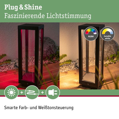 Schwarze Outdoor-Lampe mit Glas und RGBW- sowie Weißtonsteuerung für stimmungsvolle Beleuchtung