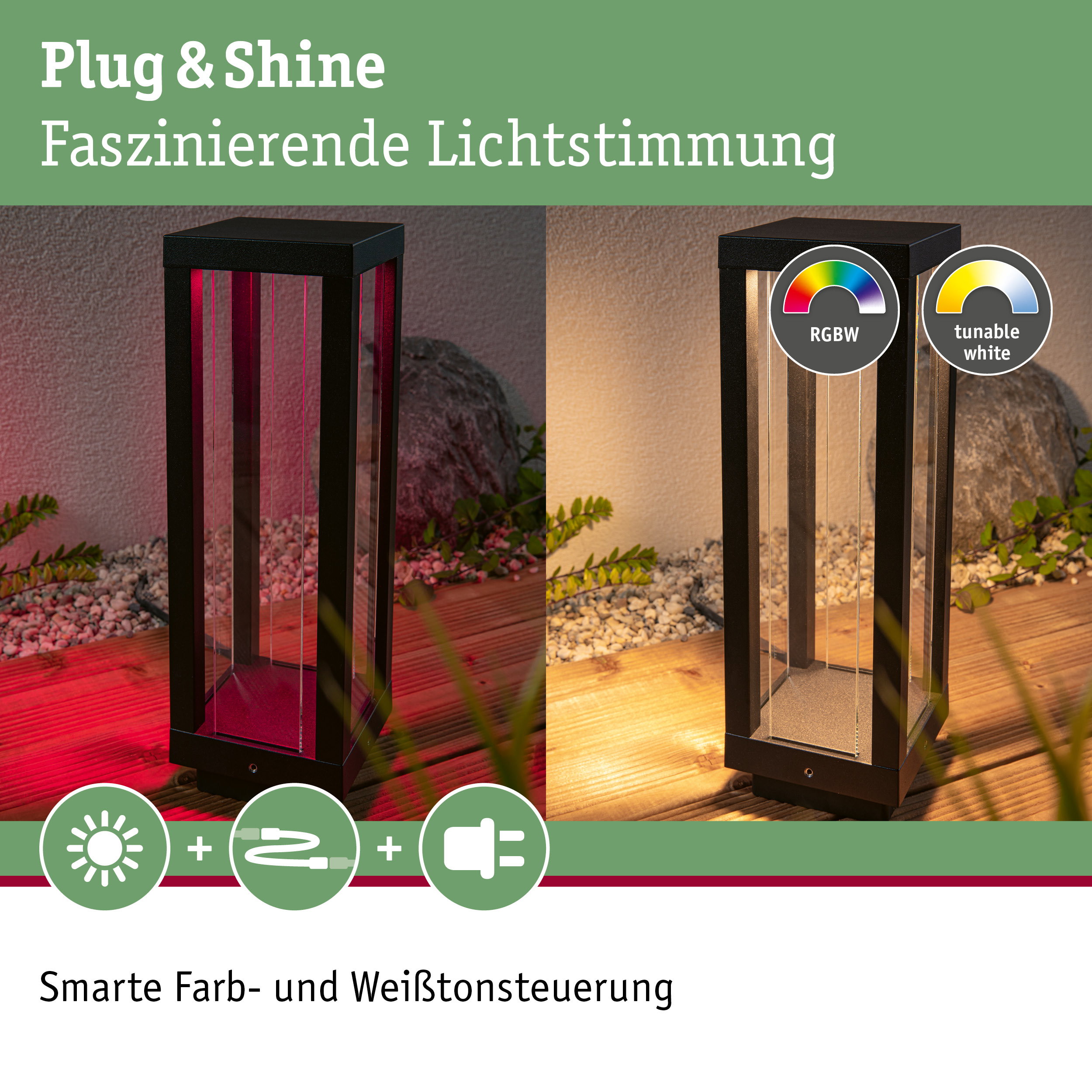 Schwarze Outdoor-Laterne mit RGBW- und einstellbarem Weißlicht für stimmungsvolle Gartenbeleuchtung