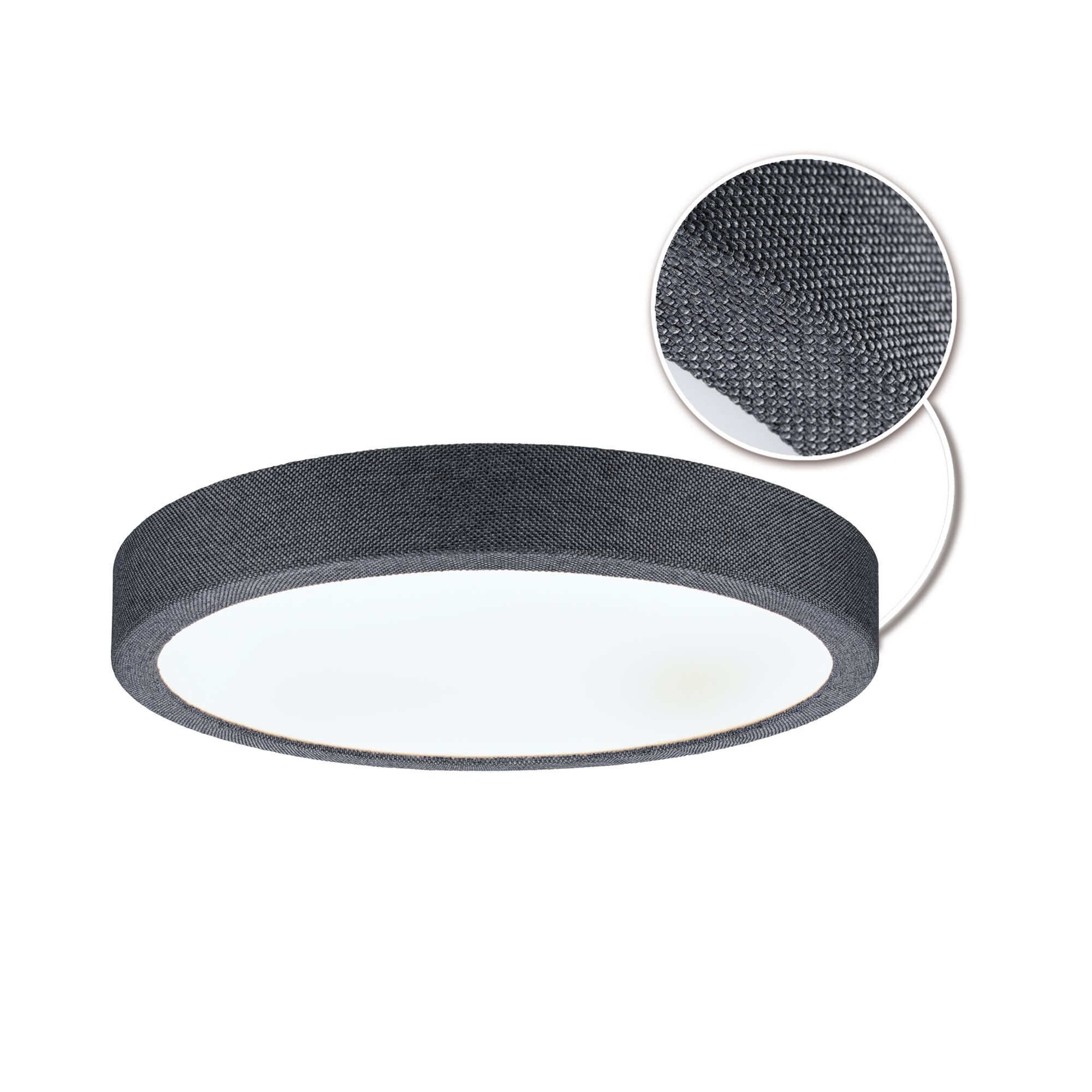 Runde Deckenleuchte mit schwarzem Stoffbezug und weißem Diffusor, moderne LED Raumbeleuchtung