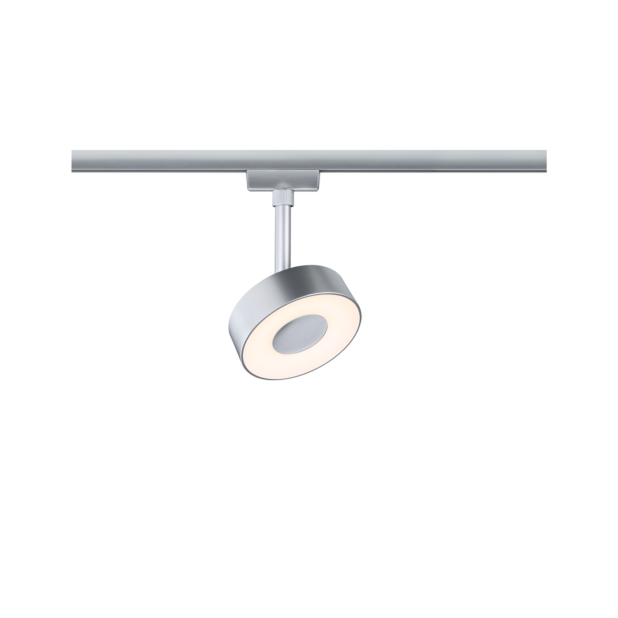 Moderner runder LED-Strahler in Silber aus Metall für Schienensystem mit warmweißem Licht