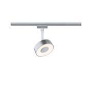 Moderner runder LED-Strahler in Silber aus Metall für Schienensystem mit warmweißem Licht