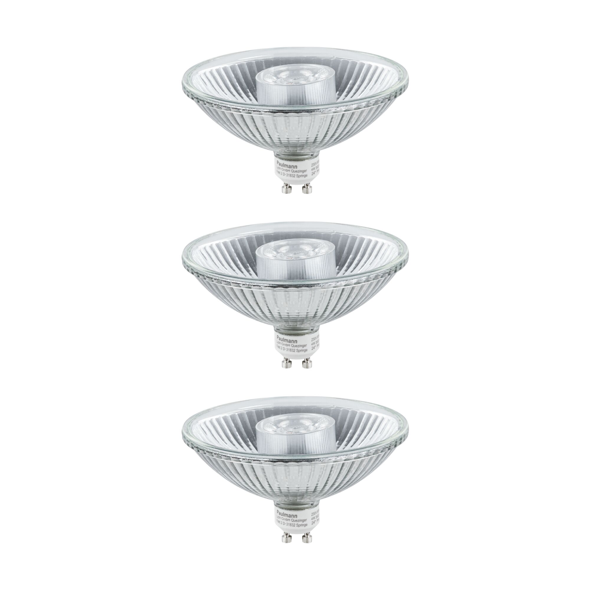 Three clear glass LED spotlights with GU10 base for energy-efficient lighting