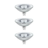Three clear glass LED spotlights with GU10 base for energy-efficient lighting