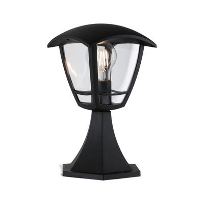 Black outdoor metal lamp with clear glass and visible LED bulb for garden and terrace lighting