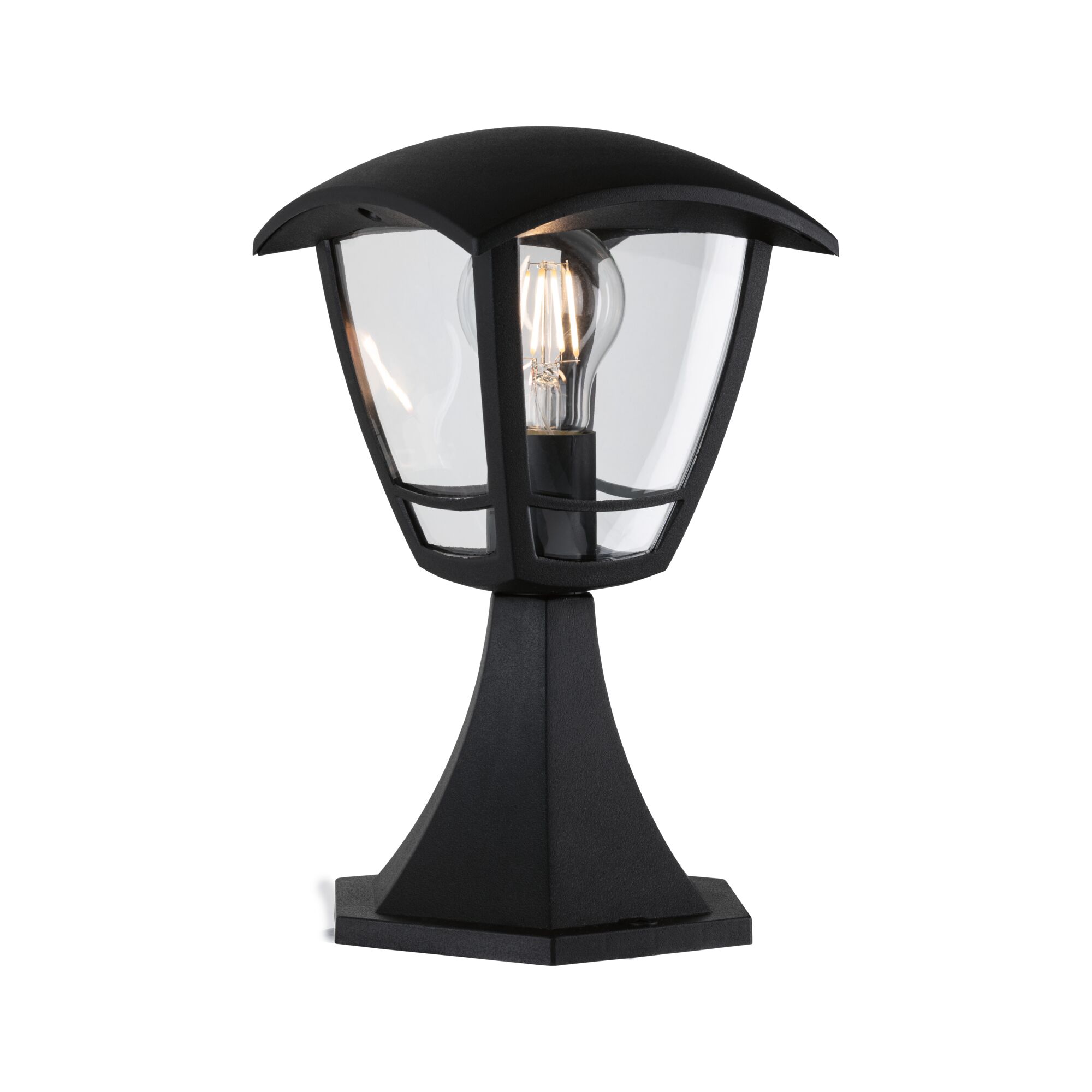 Lampe extérieure noire en métal avec verre transparent et ampoule LED visible pour éclairage de jardin
