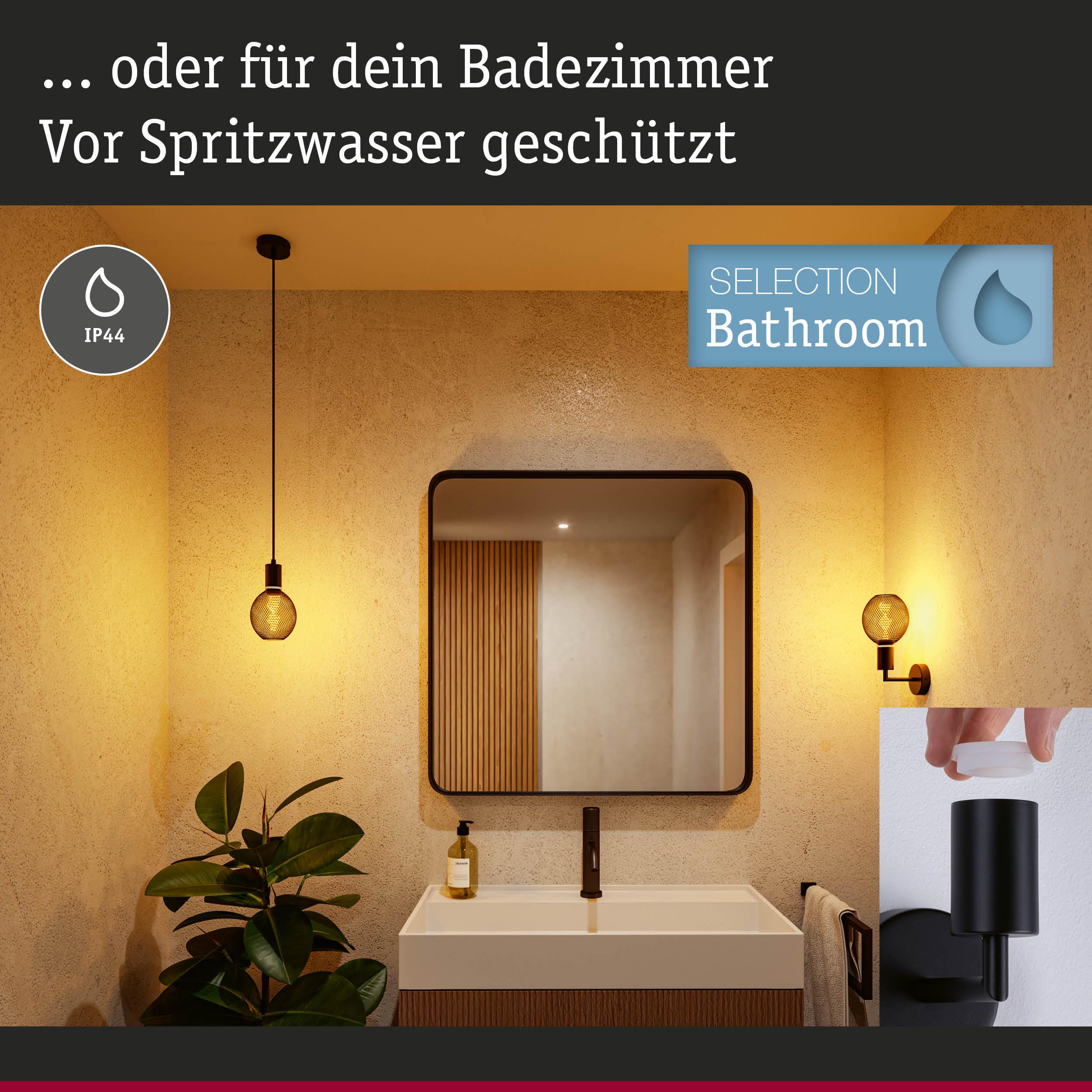 Modernes Badezimmer mit IP44 geschützter schwarzer Wand- und Hängelampe für Feuchträume