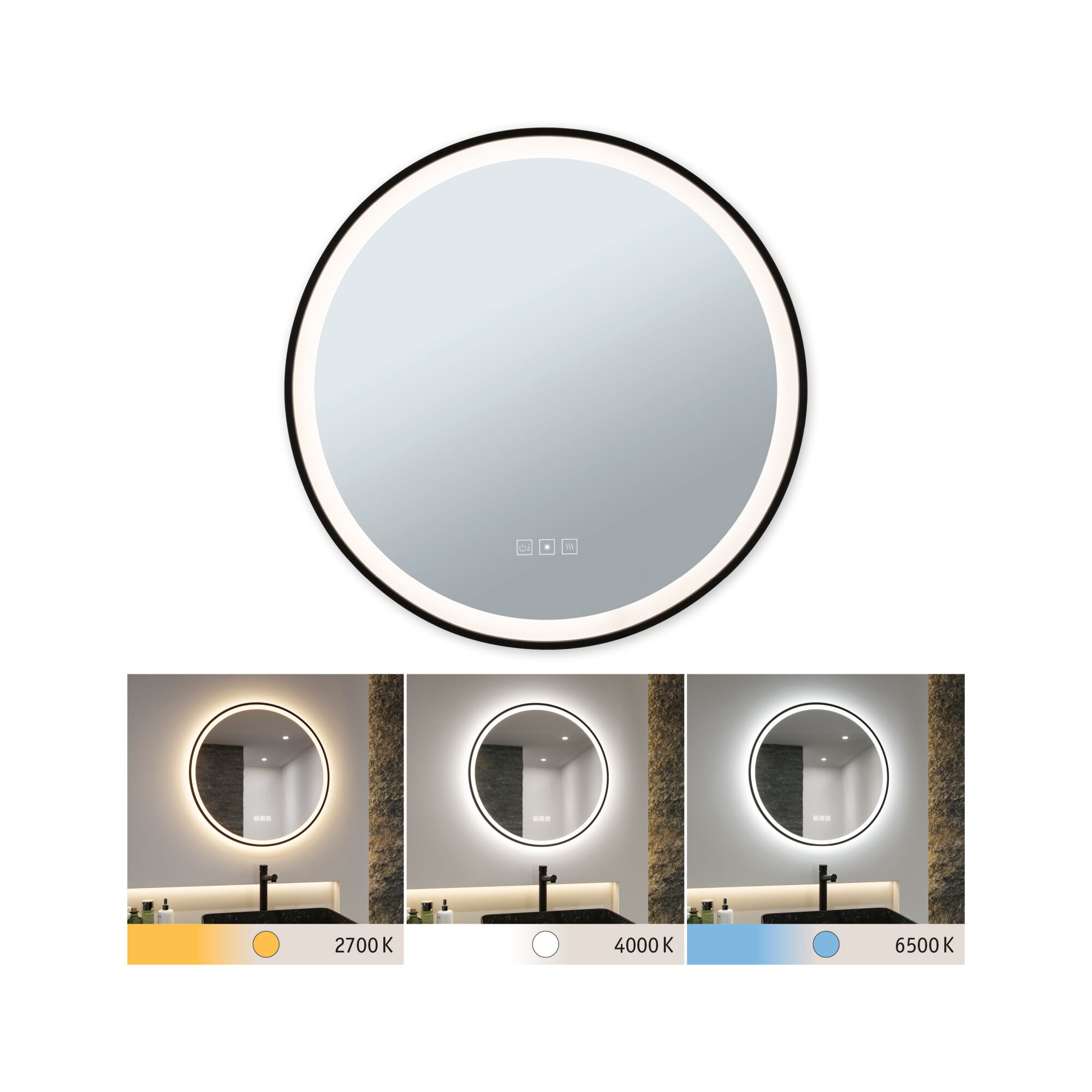 Ronde LED-spiegel met zwarte rand en instelbare kleurtemperatuur van 2700K tot 6500K voor badkamer.