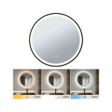 Round LED mirror with black frame and adjustable color temperature 2700K to 6500K for bathroom lighting.