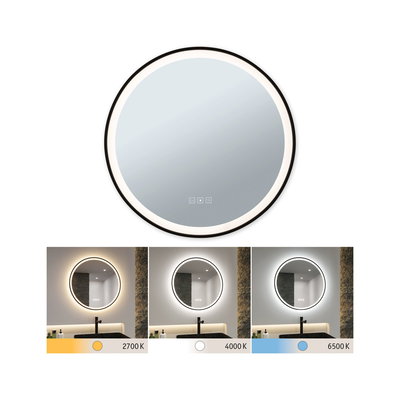 Round LED mirror with black frame and adjustable color temperature 2700K to 6500K for bathroom lighting.