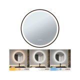 Round LED mirror with black frame and adjustable color temperature 2700K to 6500K for bathroom lighting.