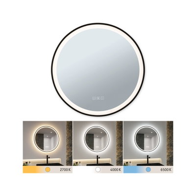 Round LED mirror with black frame and adjustable color temperature 2700K to 6500K for bathroom lighting.