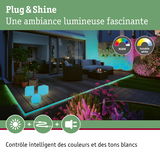 Terrasse éclairée en soirée avec lumière LED RGBW et blanc réglable pour une ambiance jardin intelligente