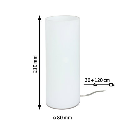 Cilindervormige witte glazen tafellamp van 210 mm hoog en 80 mm diameter met 150 cm LED-kabel
