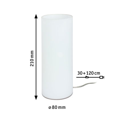 Zylindrische weiße Tischleuchte aus Glas mit 210 mm Höhe und 80 mm Durchmesser, LED Kabel 150 cm