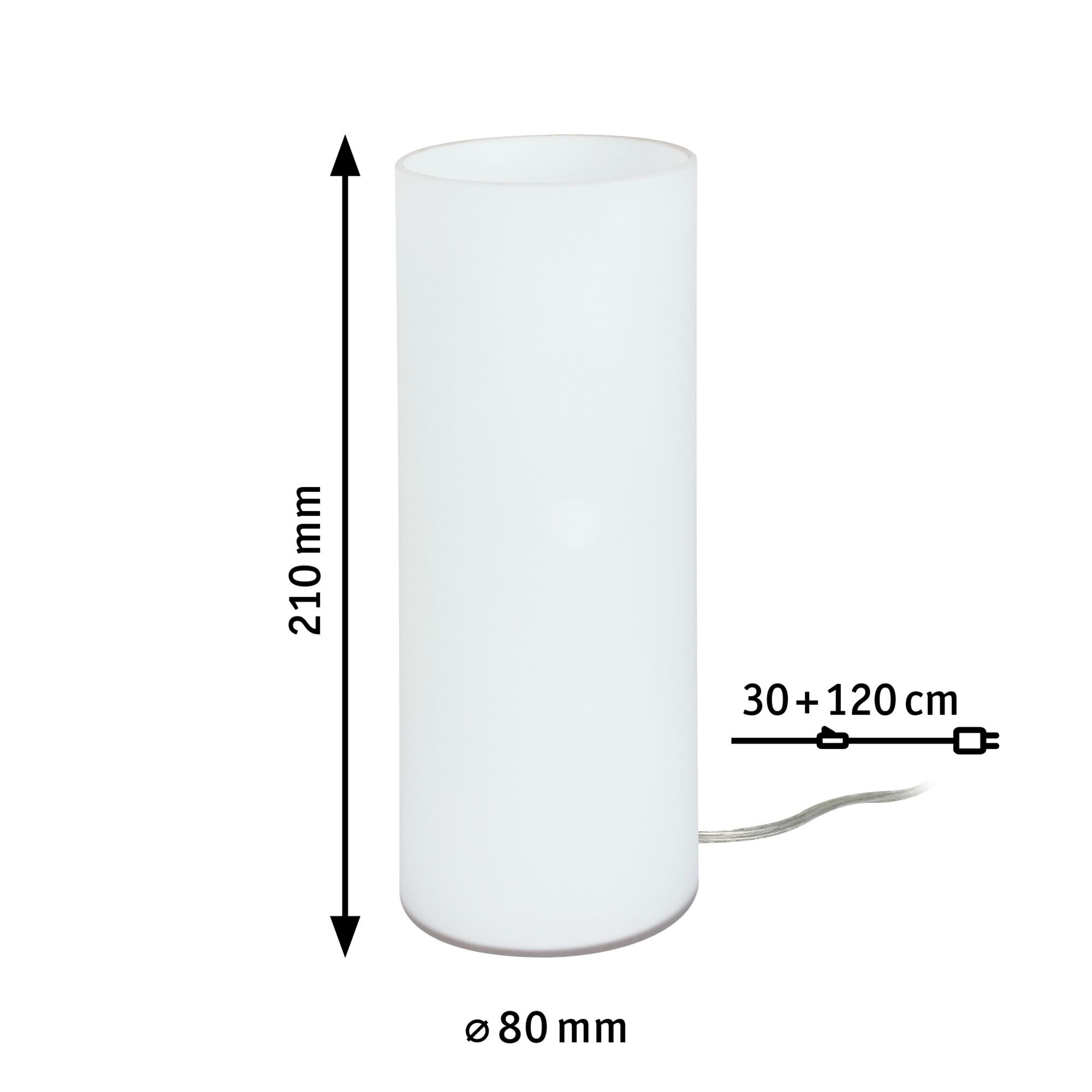 Zylindrische weiße Tischleuchte aus Glas mit 210 mm Höhe und 80 mm Durchmesser, LED Kabel 150 cm