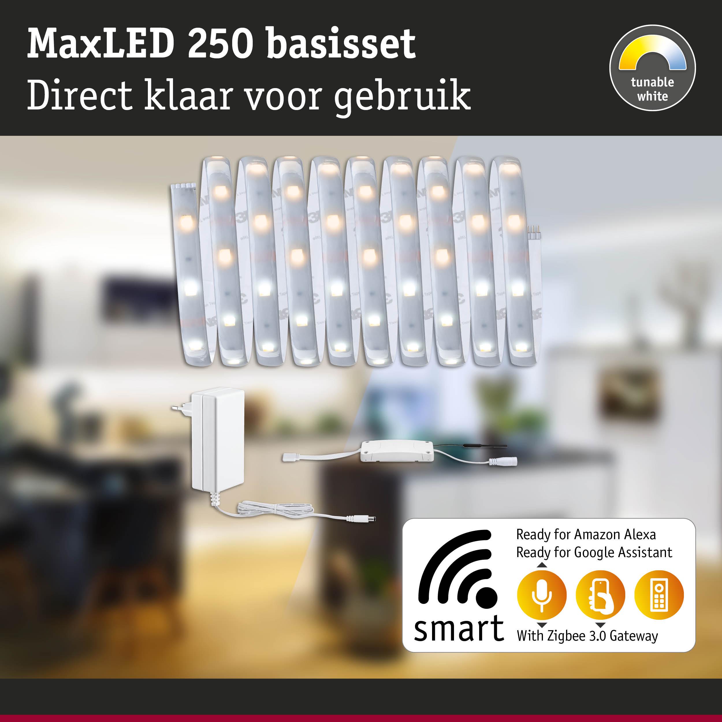 MaxLED 250 LED-lichtstrip set met instelbaar wit licht, slimme bediening, adapter en Zigbee 3.0 gateway