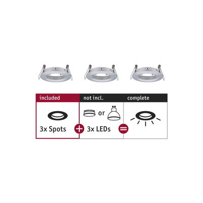 Drie witte metalen inbouwspots zonder LED, te combineren met 3 LED voor complete verlichtingsset