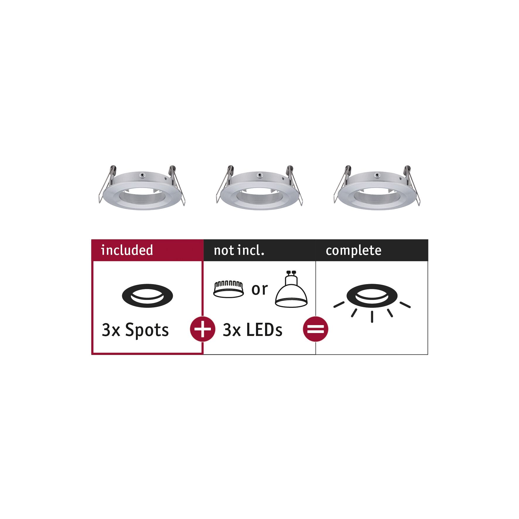 Three white metal recessed spotlights without LEDs, combine with 3 LEDs for complete lighting set