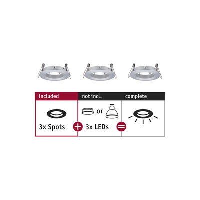 Three white metal recessed spotlights without LEDs, combine with 3 LEDs for complete lighting set