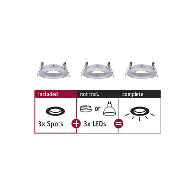Three white metal recessed spotlights without LEDs, combine with 3 LEDs for complete lighting set