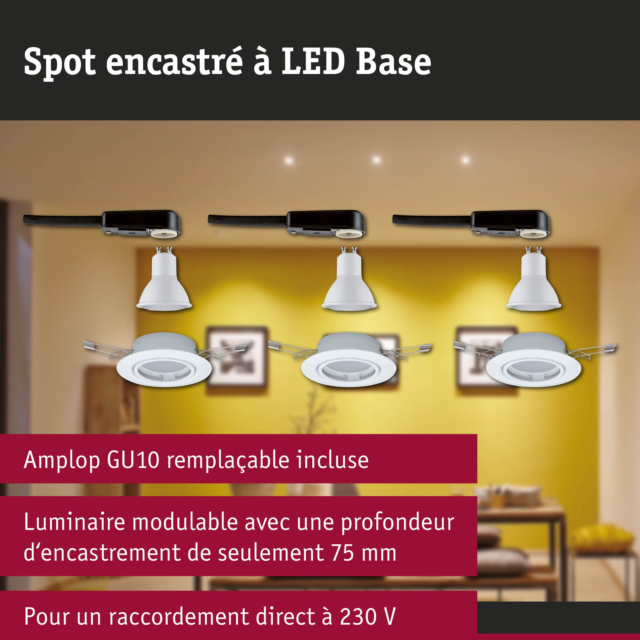 Spot encastré LED blanc avec support noir et base GU10 pour éclairage économique