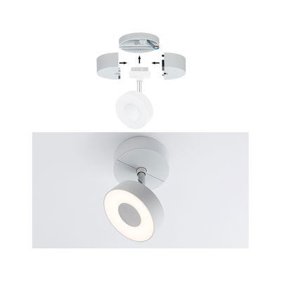 Modular white LED ceiling spotlight with round light and easy installation guide