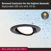 Black recessed LED luminaire with warm white 2700K light and replaceable 470 lumen LED coin