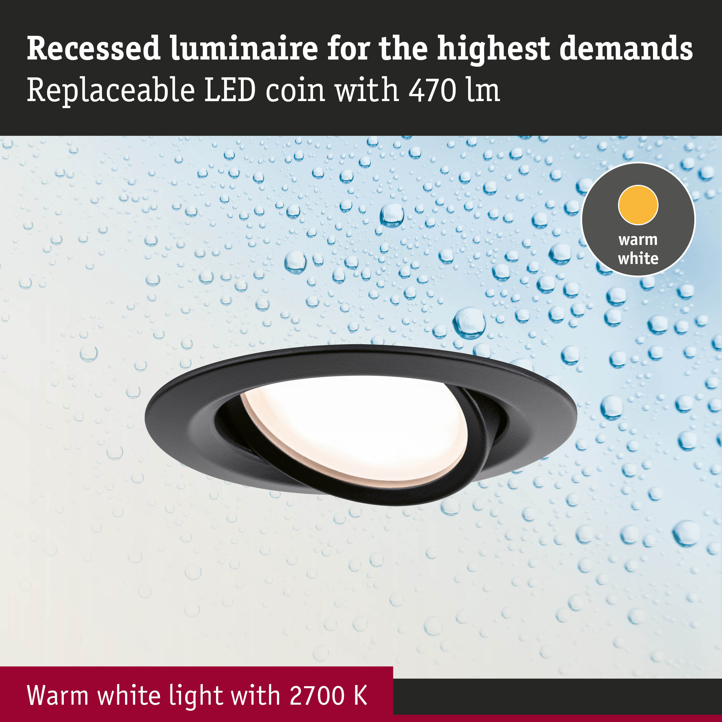 Black recessed LED luminaire with warm white 2700K light and replaceable 470 lumen LED coin