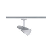 Moderner silberner LED-Strahler aus Metall an Schienensystem für flexible Raumbeleuchtung