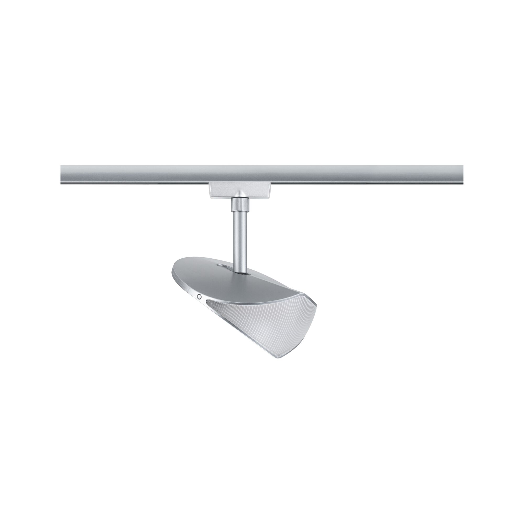 Moderner silberner LED-Strahler aus Metall an Schienensystem für flexible Raumbeleuchtung